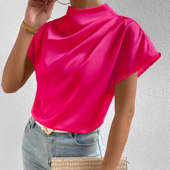 Hot Pink Party Women's  Mock Neck Batwing Sleeve Satin Blouse - Picture 3 of 6